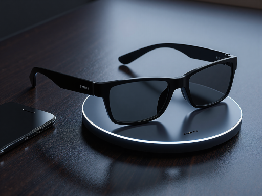 智能眼镜产品展示,白色边框设计,现代科技风格,LED指示灯,透明显示屏,未来主义设计元素,明亮自然光