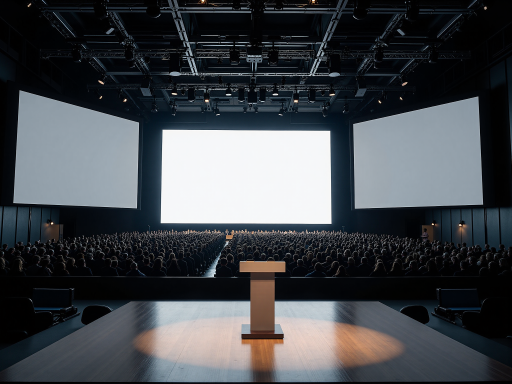 科技会议舞台场景,演讲者使用智能眼镜演示,大屏幕显示PPT,现代会议厅,专业音响设备